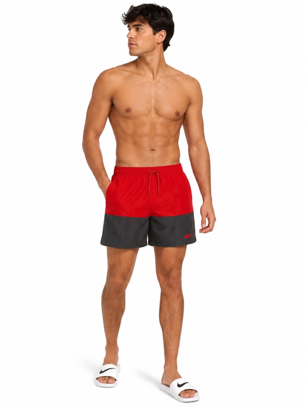 Nike Color Block Swim Trunks Shorts XL NWT Red Gray Quick Dry